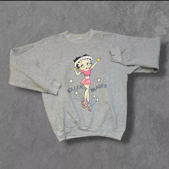 Vintage Betty Boop Sweatshirt XL Gray Roller Blades Graphic Glitter - Picture 1 of 5